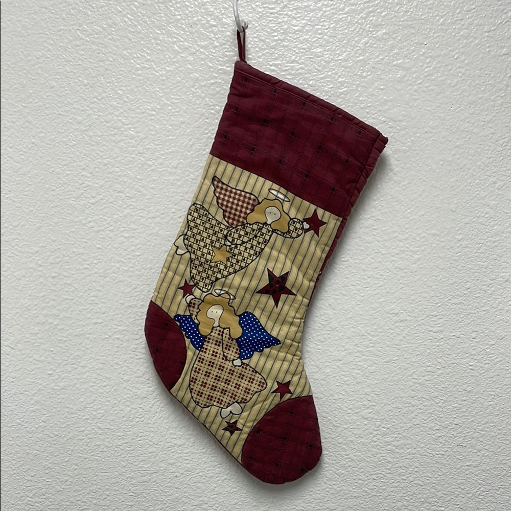 Festive Burgundy and Tan Angels and Stars Holiday Christmas Farmhouse Stocking